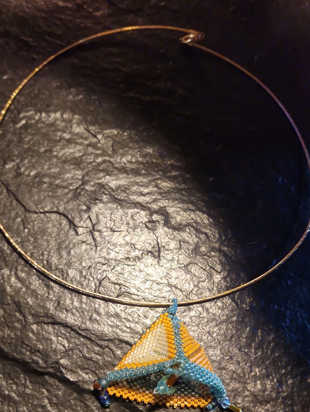 Handmade Pyramid Beaded Pendant Necklace — Yellow & Blue